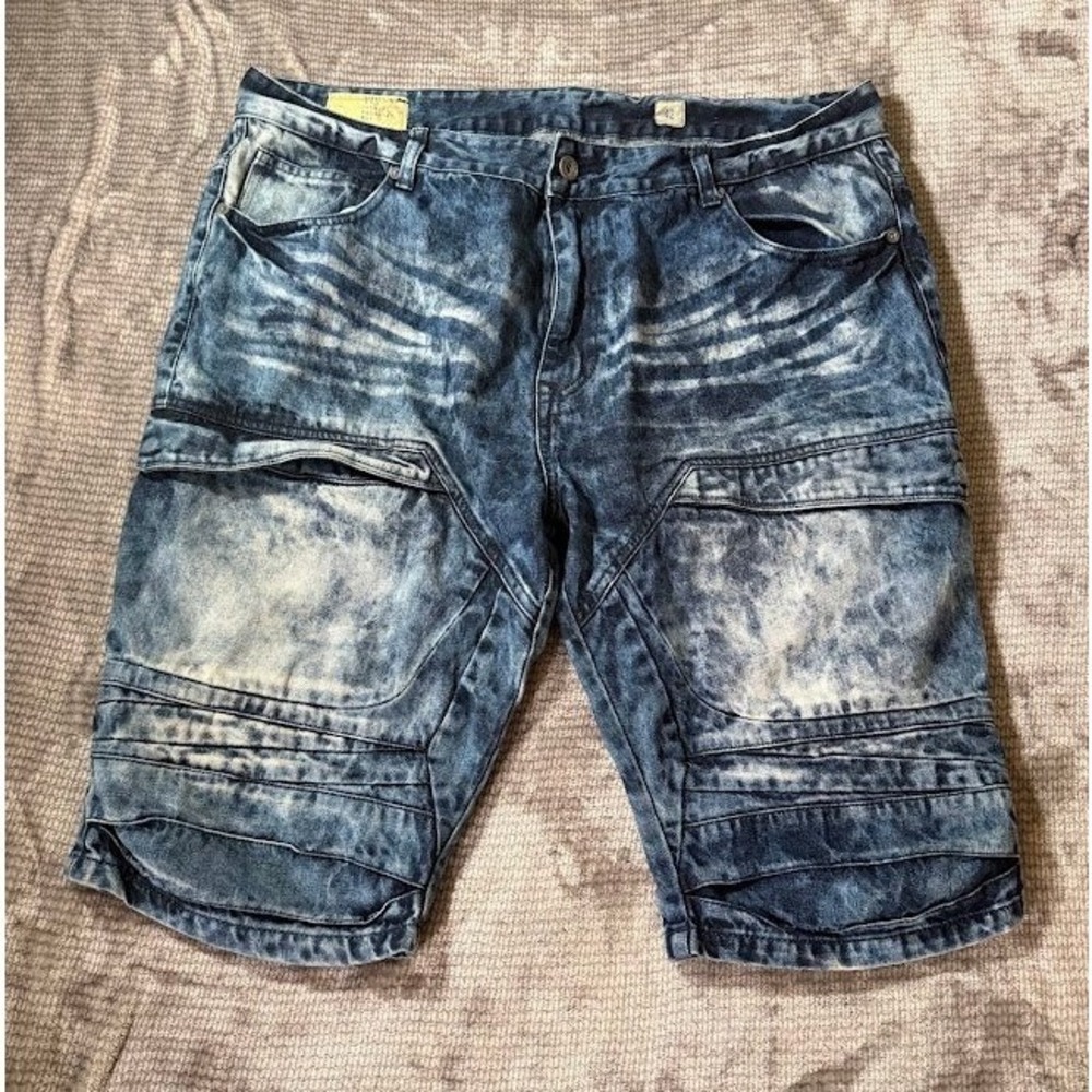 Smoke Rise Mens Acid Wash Moto Denim Shorts Blue Cargo Streetwear Size 42X13